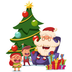 Cute Santa Claus sits in an armchair with children near Christmas tree. Vector cartoon illustration isolated on white background.