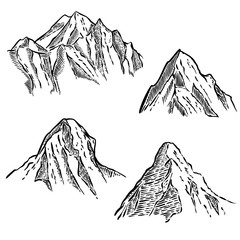 Set of mountain sketches. Design element for emblem, sign, label, poster. Vector illustration