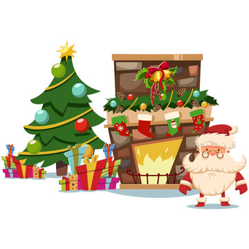 Funny Santa Claus near the fireplace and Christmas tree. Vector cartoon xmas illustration isolated on white background.