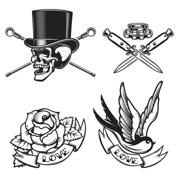old school tattoo emblems. Swallow bird, skull in hat, rose flower, crossed knives. Design element for emblem, sign, label, poster. Vector illustration