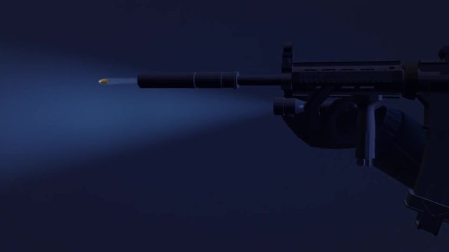 Animation of a swat officer firing and 3D camera following bullet leaving the rifle in super slow motion 