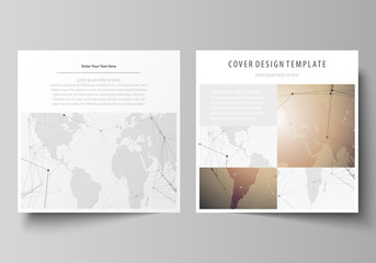 The minimalistic vector illustration of the editable layout of two square format covers design templates for brochure, flyer, booklet. Global network connections, technology background with world map.