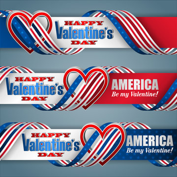 Set of web banners, background with 3d texts and heart shape on national flag colors for Valentine's Day celebration in America; Vector illustration