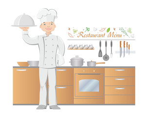 A colorful cartoon chef holds a culinary dish in his hand, against the background of the kitchen and kitchen utensils. Vector drawing, isolated on white background.