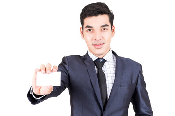 Businessman holding white business card isolated on white background