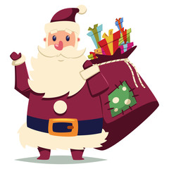 Santa Claus with gifts sack. Vector cartoon Christmas character isolated on white background.