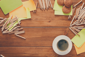Top view on work space with various stationery