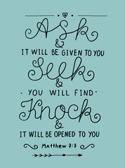 Hand lettering Ask. Seek. Knock. 
