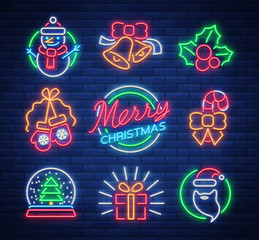 Christmas neon signs. Vector illustration on winter holidays. Neon luminous symbols for New Year and Christmas projects greetings cards, posters, banners, flyers. Neon signboards, vibrant advertising © Ivan