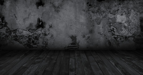 Dark, concrete rough brick wall, floor black wood interior room