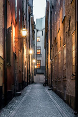 cityscape of empty small street in old town at dawn in Stockholm, Sweden 