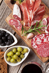 Salami, ham, sausage, prosciutto and wine