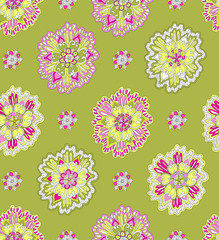 Seamless pattern with fantasy flowers. With green background.