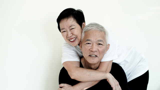 Asian Senior Couple Smile, Life With No Worry On White Background