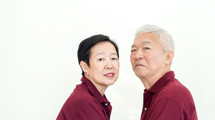 Asian senior couple promise commitment on white background