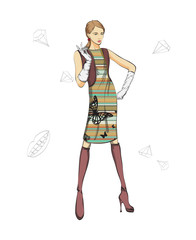 Autumn-winter 2018. Lovely girl in dress, on white background. Vector illustration.