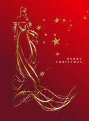 CHRISTMAS FASHION GIRL. GREETINGS  CARD WITH THE GOLDEN MODEL ON THE RED BACKGROUND. VECTOR BACKGROUND WITH A BEAUTIFUL BRIDE IN A WEDDING DRESS