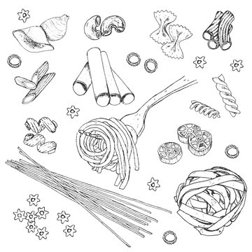 Set of isolated sketch images of pasta. Hand drawn vector llustration