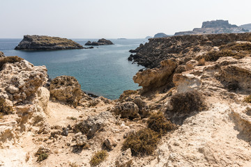 Coastline landscape on the way to the Kleoboulous's tomb in Lindos on the Rhodes Island, Greece. 