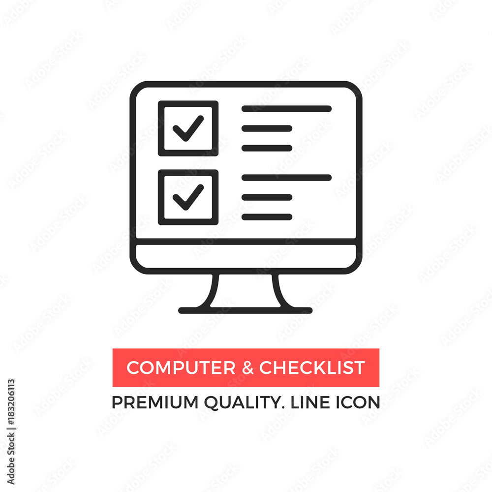 Poster vector computer and checklist icon. online survey, application form with check marks, tasks list. pr