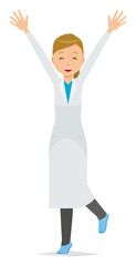 A woman doctor wearing a white suit is lifting both hands