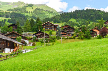 Villages with mountain background in Switzerland.