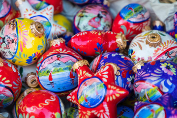 Fototapeta na wymiar Colorful Christmas decorations as a souvenir from Sicily, Italy.