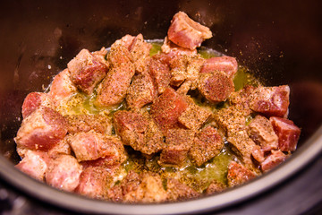 Pork meat preparing in a slow cooker