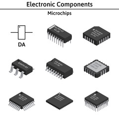 Vector set of izometric electronic components. Collection of microchips.