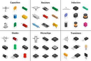 Big vector set of izometric electronic components. Collection of capacitors, resistors, diodes, transistors, inductors, microchips