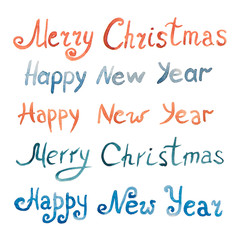 Blue and red lettering of a happy new year and a merry Christmas painted watercolor on a background