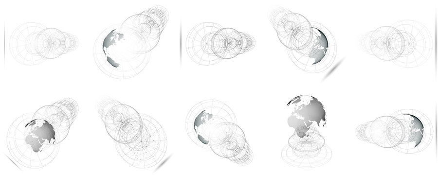 Isolated 3D dotted world globes with abstract construction, connecting lines on white background. Vector design, structure, shape, form, space station. Scientific research. Science, technology concept