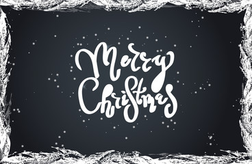 Snowy handwritten text on a dark background. Winter frozen background. Christmas background. Holidays.