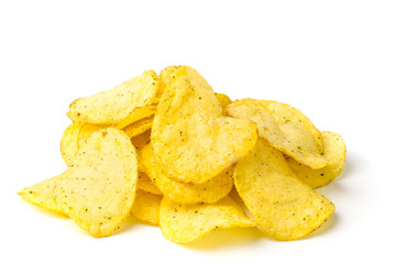 A bunch of potato chips on white