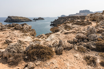 Coastline landscape on the way to the Kleoboulous's tomb in Lindos on the Rhodes Island, Greece. 