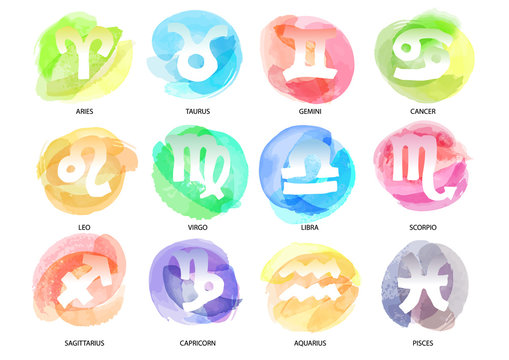 Set of hand drawn watercolor brush zodiac signs. Vector illustration created with custom brushes, not auto-tracing.