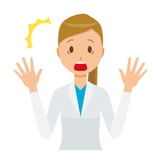 A woman doctor wearing a white coat is surprised