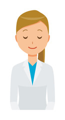 A woman doctor wearing a white coat is bowing