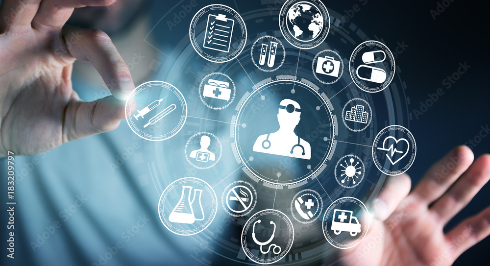 Poster businessman using modern medical interface 3d rendering