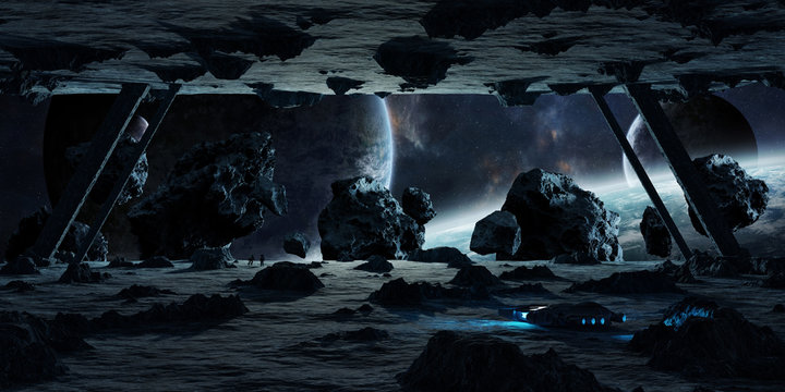 Astronauts exploring an asteroid spaceship 3D rendering elements of this image furnished by NASA