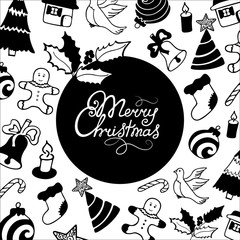 Merry Christmas hand lettering. Festive postcard for the New Year. Mistletoe, ball, gingerbread person, bell, holiday attributes