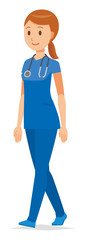 A woman nurse walking in a blue scrub is walking