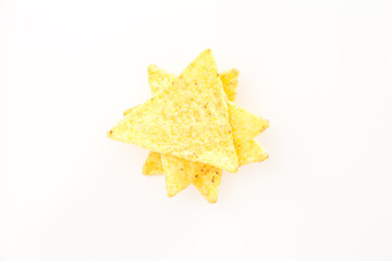 Crispy nacho chips, on white background.