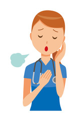 A female nurse wearing a blue scrub is sighing