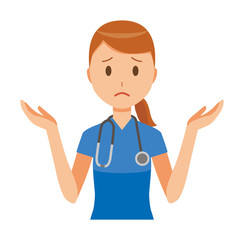 A woman nurse wearing a blue scrub is shrugging her shoulders