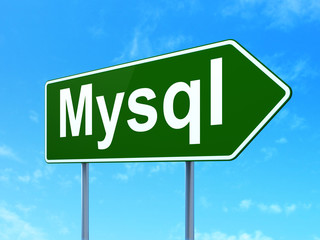Programming concept: MySQL on green road highway sign, clear blue sky background, 3D rendering