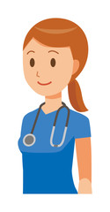 A female nurse wearing a blue scrub is standing obliquely