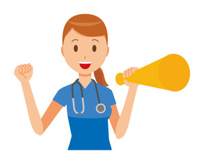 A female nurse wearing a blue scrub has a megaphone