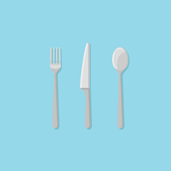 Set of fork, spoon and knife isolated on blue background. Cutlery flat style icon. Vector illustration.