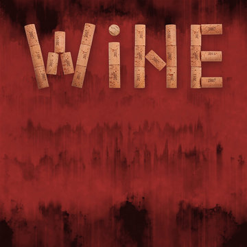 Word wine shaped by corks over grunge red